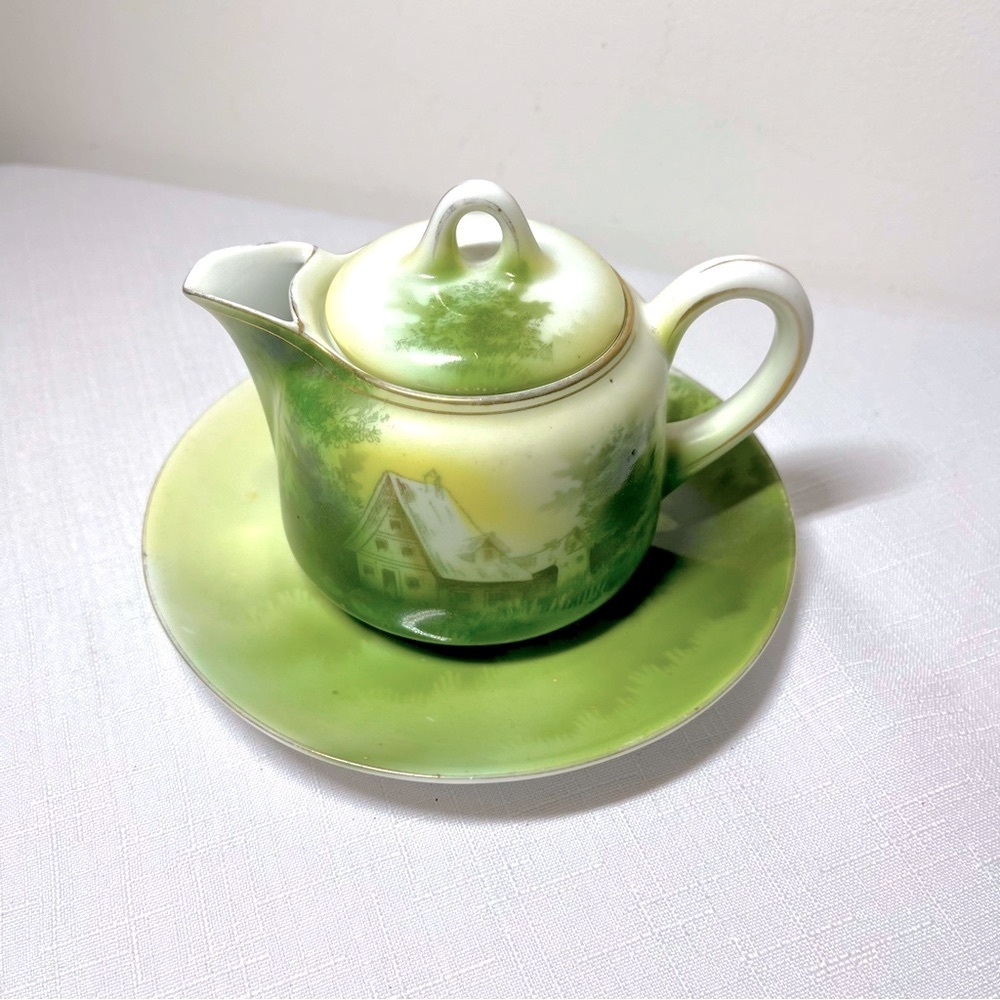 RS Germany Ceramic Mini Teapot with Saucer. Porcelain. Hand painted. Antique
